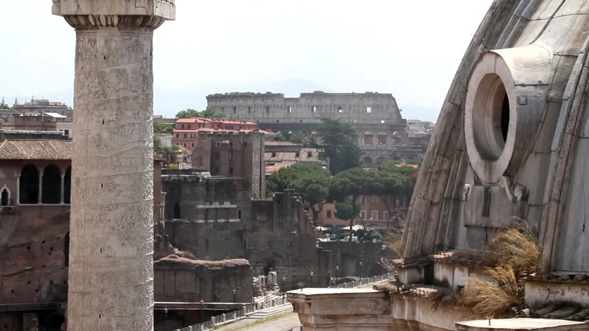 Rome, Italy. Panoramic view from above. Close up of St. Maria di Loreto dome and Trajan