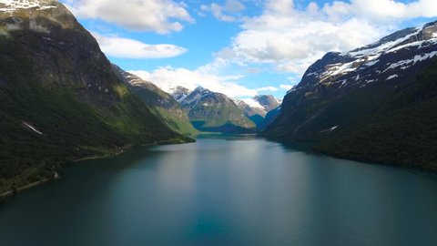 Beautiful Nature Norway natural landscape. Aerial footage lovatnet lake.