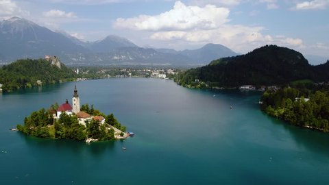 Slovenia - Aerial view resort Lake Bled. Aerial FPV drone. Slovenia Beautiful Nature Castle Bled.