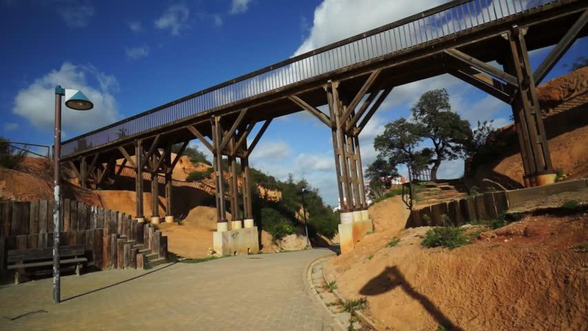 The wooden bridge in Moret park of Huelva, Spain 