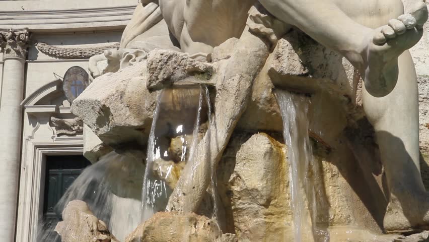 Rome, Italy. Piazza Navona, Four rivers Fountain. Water splashes. Close up. 