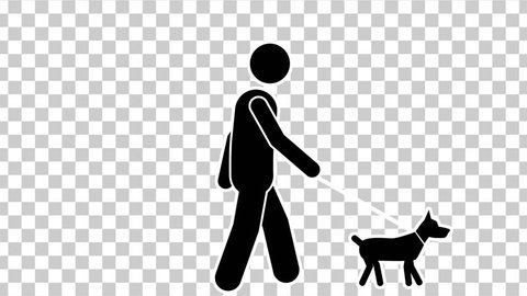 Black Stick Figure Quickly Walk With Dog. Alpha Matte