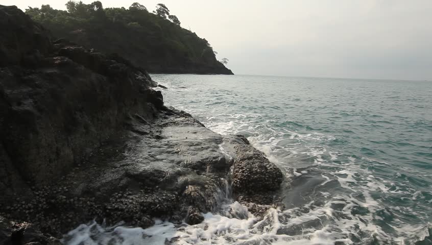Sea waves on the stone wild beach (HD)