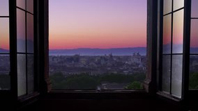 rome city at sunrise timelapse view through window