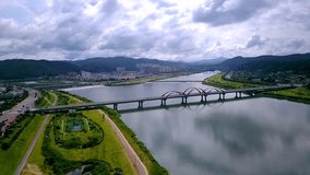 Aerial video of bridge cross Nakdong river, Andong, South Korea.