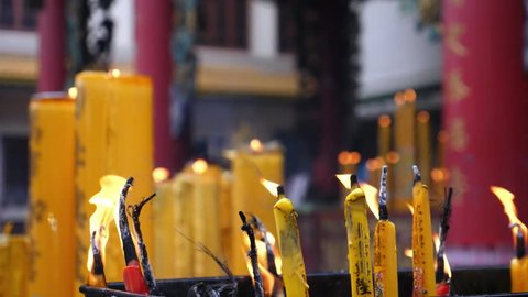 Burning Candles At Chinese Temple. Slow Motion. HD, 1920x1080. 