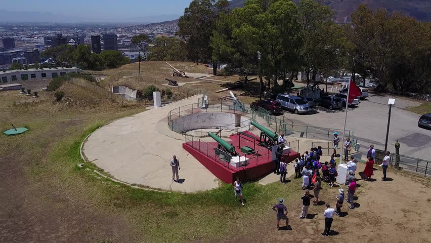 4K high quality aerial video scenic view of Signal Hill, Cape Town city center bowl with view of Table Bay, football stadium and Table Mountain in the background in Cape Town, South Africa on sunny da