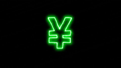 Neon flickering green Yen Sign in the haze. Alpha channel Premultiplied - Matted with color black