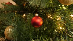 Background with bauble on the branch 4K 2160p 30fps UltraHD footage - Matte red ornament hanged on Christmas tree 3840X2160 UHD video