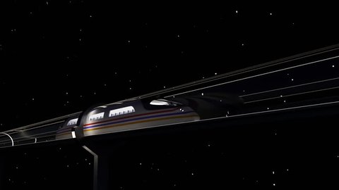 Concept of hyperloop. High-speed white passenger train moves in transparent glass tunnel against a background of dark night sky, seamless, looping element