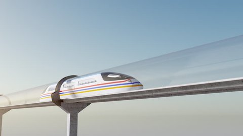 Concept of hyperloop. High-speed white passenger train moves in transparent glass tunnel against a background of blue sky, seamless, looping element