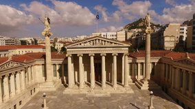Aerial drone video of iconic Academy of Athens, Athens historic centre, Attica, Greece   