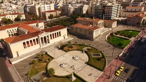 Aerial drone bird's eye view video of iconic Academy of Athens, Athens historic center, Attica, Greece   