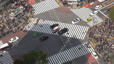 Fast motion of Shibuya pedestrian crossing and car traffic by day, Tokyo, Japan