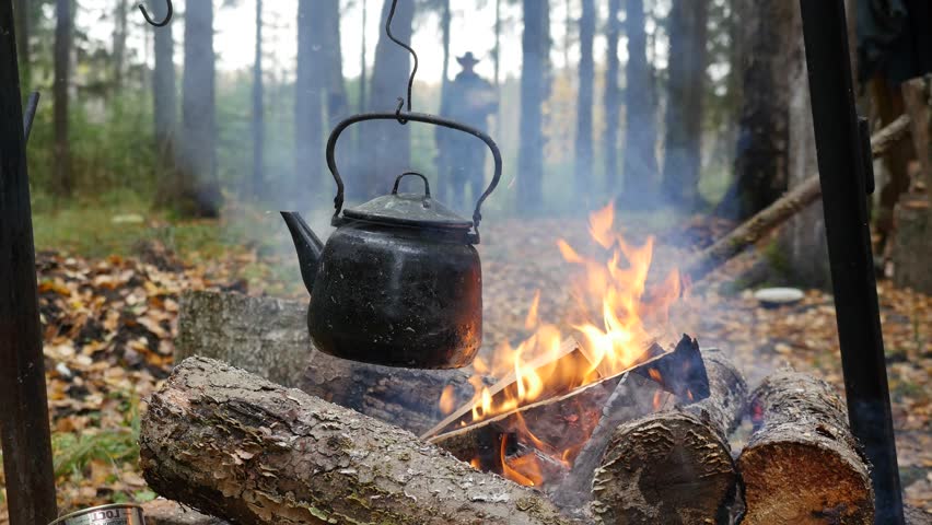 A hiker with firewood and an ax approaches the fire on which kettle is boiling