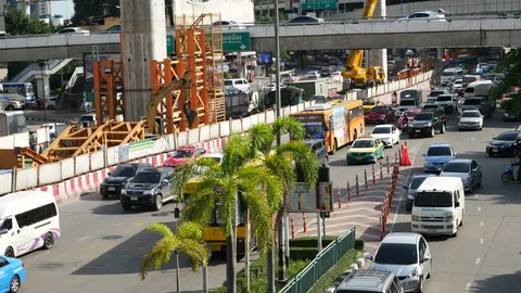 Bangkok, Thailand-September 9, 2017: Traffic and BTS skytrain construction site on the road in Bangkok
