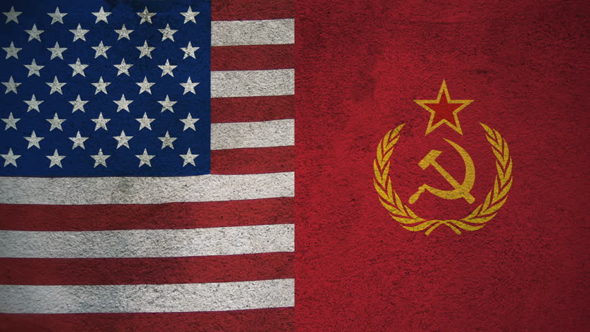 United States vs Soviet Union Flags on Cracked Wall