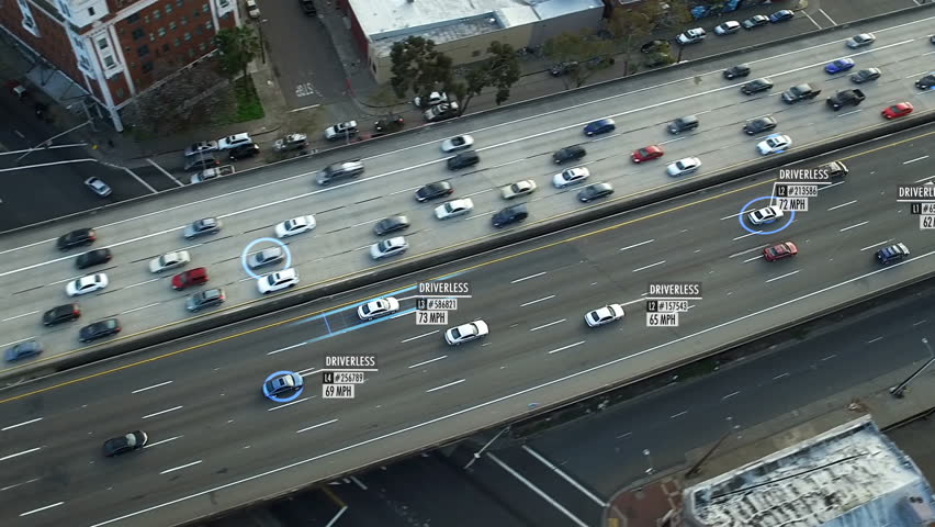 Driverless or autonomous car aerial view. Traffic passing by a highway. Plate number, miles per hour and ID number displaying. Future transportation. Artificial intelligence. Self driving. Royalty-Free Stock Footage #33601579