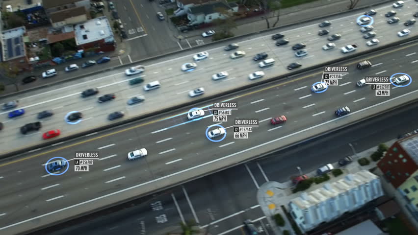 Driverless or autonomous car aerial view. Traffic passing by a highway. Plate number, miles per hour and ID number displaying. Future transportation. Artificial intelligence. Self driving.
