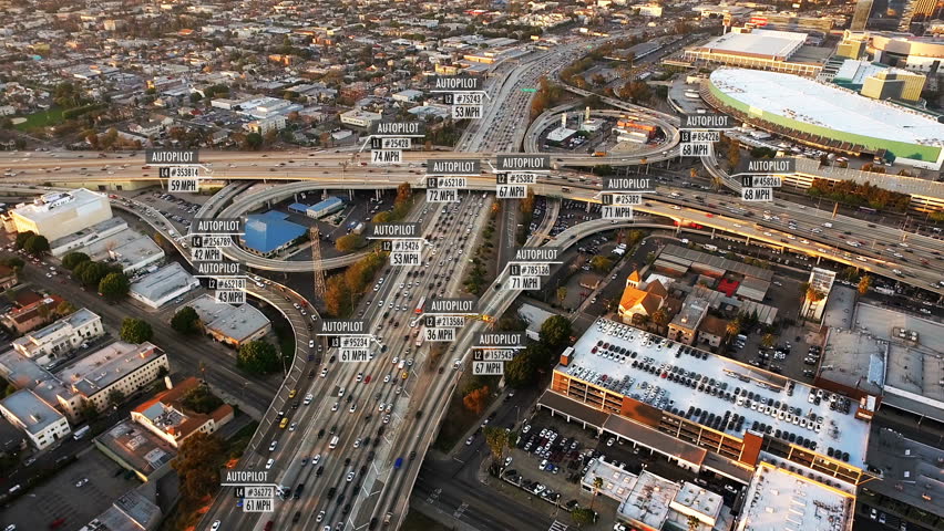 Driverless or autonomous car aerial view. Traffic passing by a highway. Plate number, miles per hour and ID number displaying. Future transportation. Artificial intelligence. Self driving.