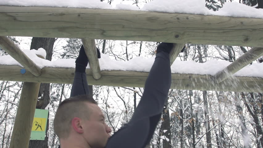 Edited Slow Motion Of Young Sportsman Training On Horizontal Ladder In Snowy