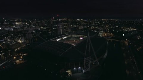 CARDIFF, WALES - 2017: Aerial view of the Millennium stadium / Principality stadium at night.