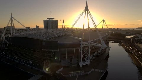 CARDIFF, WALES - 2017: Stunning aerial shot of the Millennium stadium at sunrise.