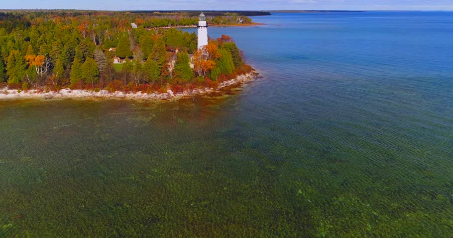 Scenic Cana Island Lighthouse, Door County, Wisconsin, aerial flyby.
