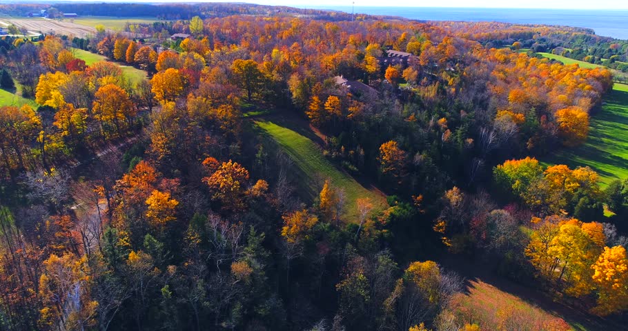 Autumn aerial flyover of Door County Wisconsin’s Fall colors.
