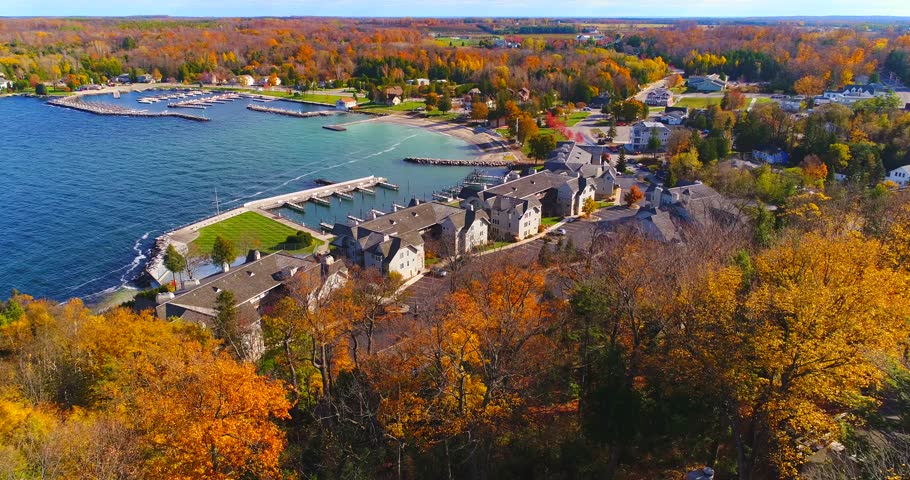 Sister Bay Wisconsin, harbor in Autumn Splendor, aerial view.
