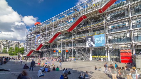 PARIS, FRANCE - CIRCA JULY 2017: Facade of the Centre of Georges Pompidou timelapse hyperlapse in Paris, France. The Centre of Georges Pompidou is one of the most famous museums of the modern art in