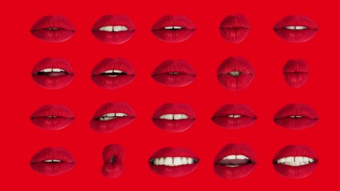 Time lapse sequence of woman's full red lips talking and moving against red background
