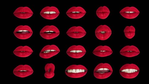 Time lapse sequence of woman's full red lips talking and moving against black background
