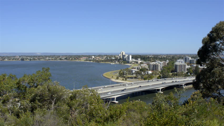 View of the Narrows Bridge from King's Park, in Perth Australia. Traffic and a