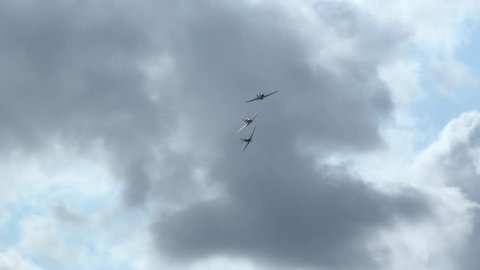 September 29 2017: Southport Air Show  - Spitfire and Hawker Hurricane WW2 planes in sky 4k formation flying