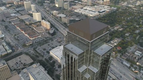 Aerial of the Galleria Mall area in Houston, Texas during rush hour traffic. 