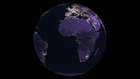 Loopable: Stylized animation of rotating planet Earth with flickering lights of night cities and iridescent electric borders of countries. Elements of this clip furnished by NASA. (av45146c)