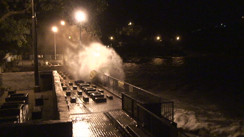 Hurricane Wind And Waves Lash Waterfront. 