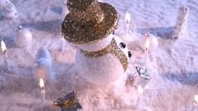 Snow man on snow for new year or christmas holiday international. , in happy time, snow falling rotation 360 degree around view in loop able.