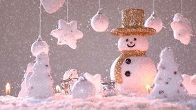 Snow man on snow for new year or christmas holiday international. , in happy time, snow falling rotation 360 degree around view in loop able.