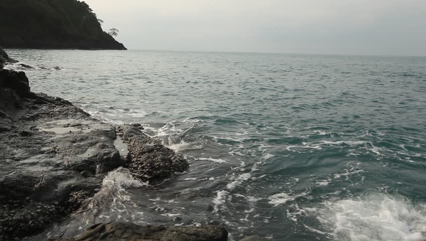 Sea waves on the stone wild beach, HD
