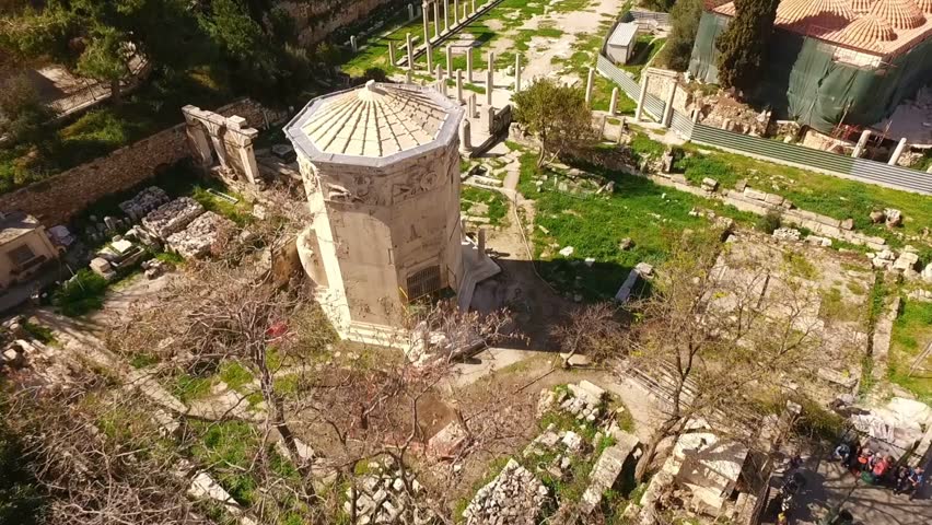 Aerial birds eye view photo taken by drone of iconic archaeological sites in Plaka district, Athens historic center, Attica, Greece