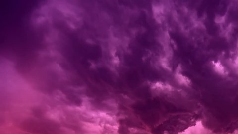 Time lapse footage of scattered clouds over gradient sky near the sunset time, passing above the sun centered at the bottom of the shot. Magical pink and purple color scheme of beautiful.