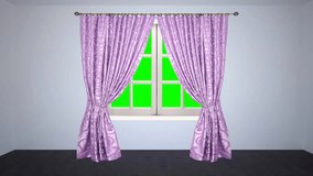 room with a window,the window hanging purple curtains.the curtains parted,the window opened and a green screen.animated video