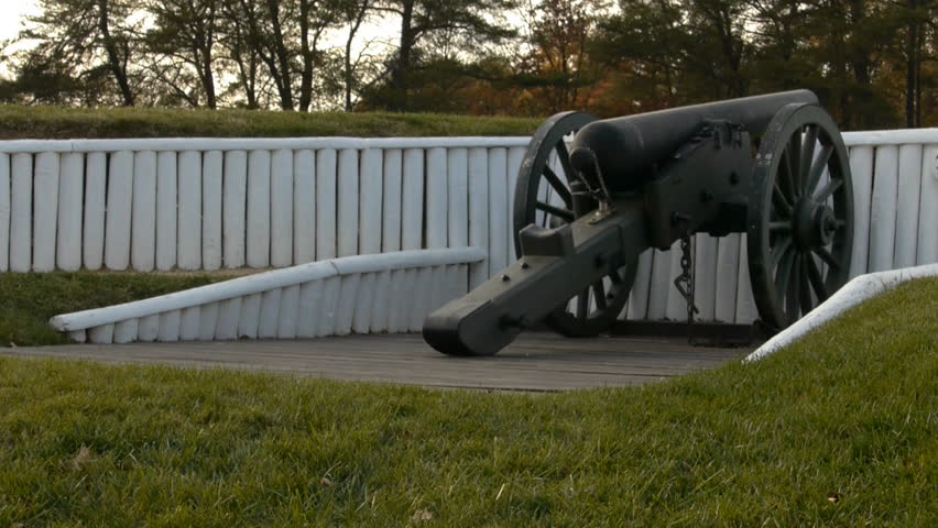 Panning shot of parapet and embrasure with 4,5 Rodmen rifled gun in historic Civil War site of fort Ward in Alexandria Virginia