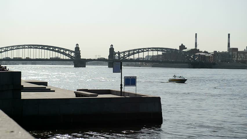 View of Bolsheokhtinsky bridge (before 1917 - Okhtinskaya bridge of Emperor Peter the Great) - historic bridges over the river Neva in Saint-Petersburg. 