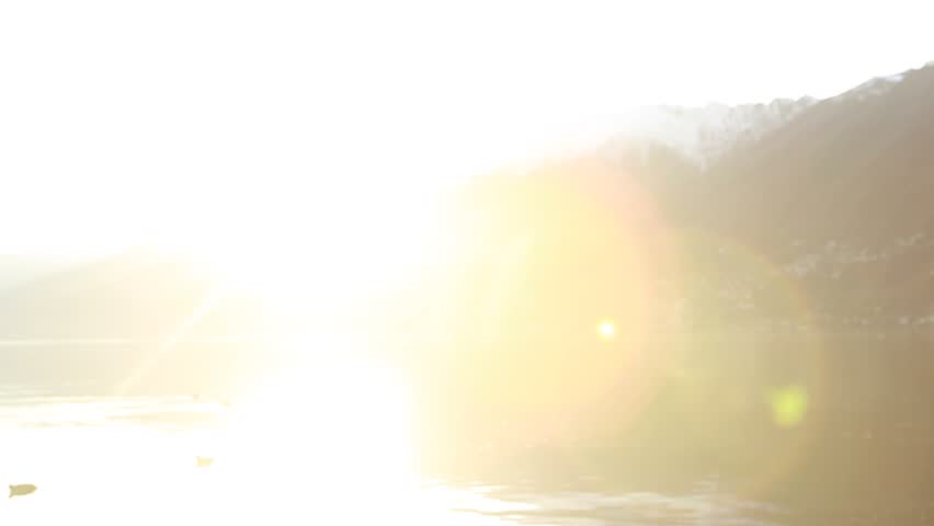 Young couple hanging out by the lake at sunset looking at digital tablet
