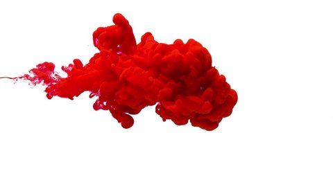 Red color paint ink drops in water slow motion full hd video white background with copy space. Inky cloud swirling flowing underwater. Abstract isolated smoke explosion. Virus Coronavirus concept