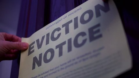 Man Places House Eviction Sign For Repossession From Bank, Home Mortgage Or Rent Debt 4K. Economic Recession.
