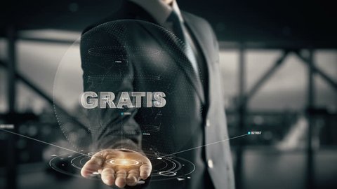 Gratis (German) with hologram businessman concept, in English Free